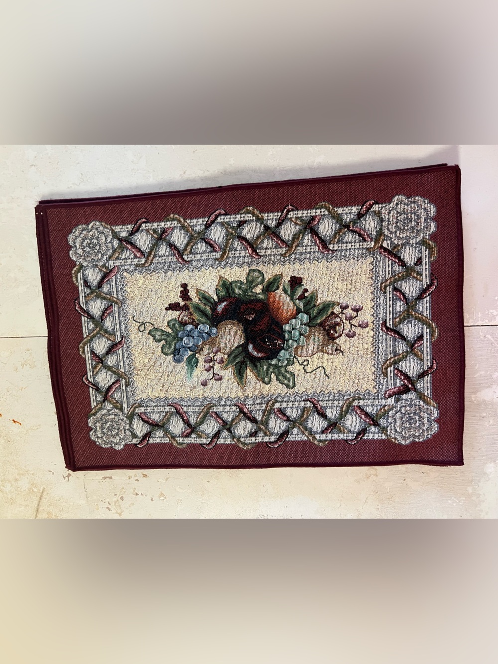 Placemat Set of 4 Maroon & Beige Fruit Design 18.5 X 13" Solid back.